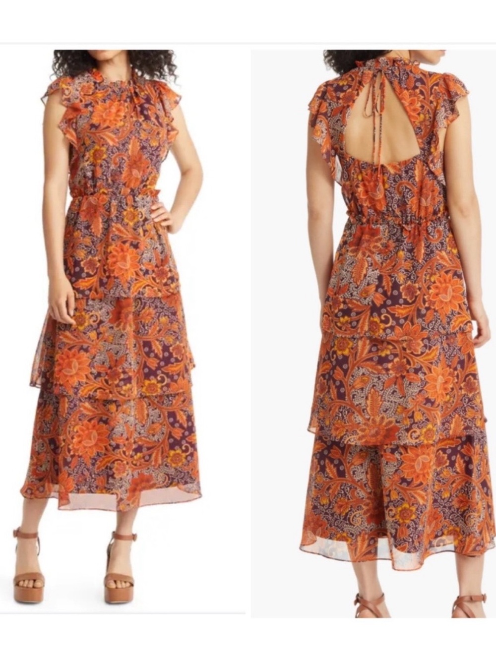 julia jordan Orange Paisley Floral Backless Tiered Maxi Dress